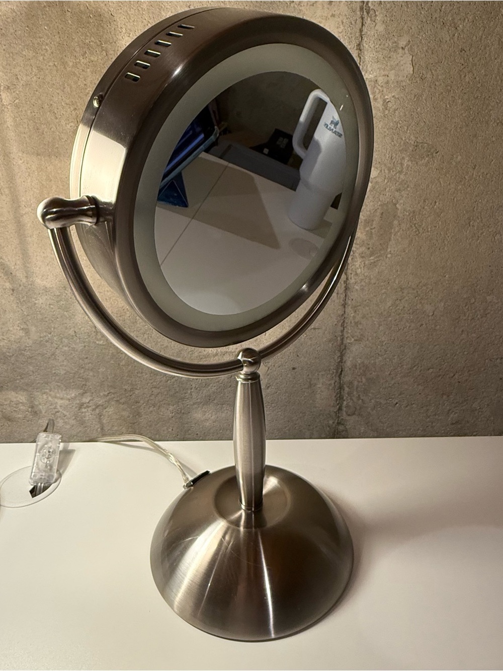 Brushed Silver Vanity LED Table Mirror Smart Touch Sensor Built-in Power Outlet